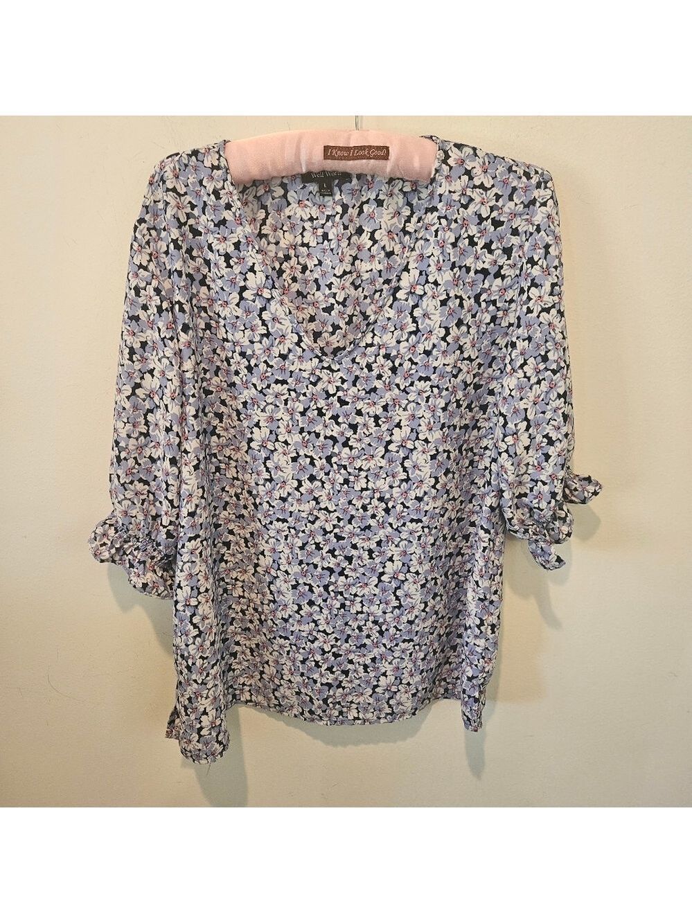 Well Worn Women's Floral V-Neckline Blouse, Large, Blue, Pink, White